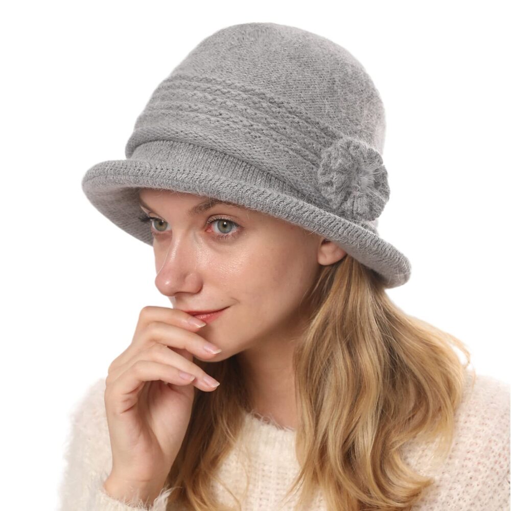 5436 Winter Warm Knitted Cloche Hat Vintage Church Bucket Hat with Flower